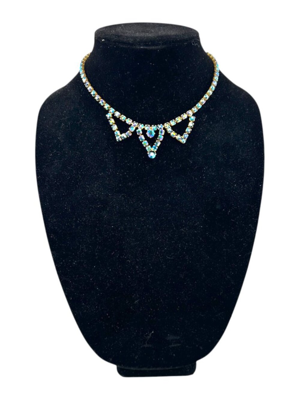 Vintage Aurora Borealis Rhinestone Necklace Blue AB Crystal Choker Prong Set